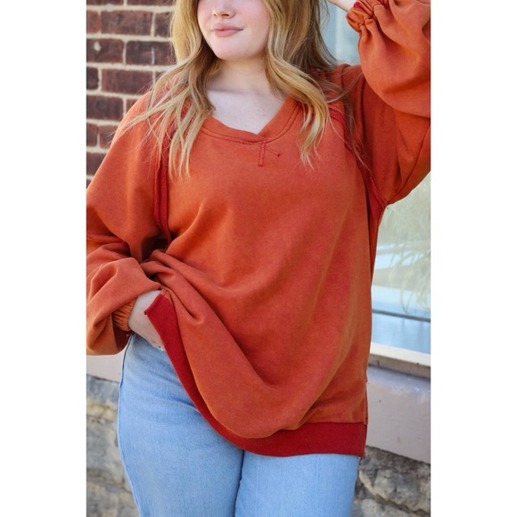 POL Rusted Orange Criss Cross Back Slouchy French Terry Pullover - Picture 4 of 12